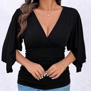 SHEIN Black V-Neck Ruffle Blouse
